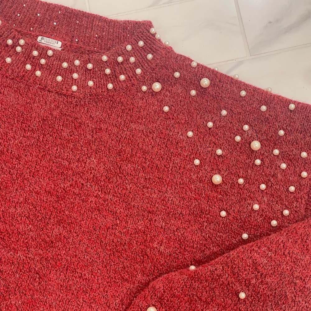 Red Pearl-Embellished Women's Voy Sweater. Size M